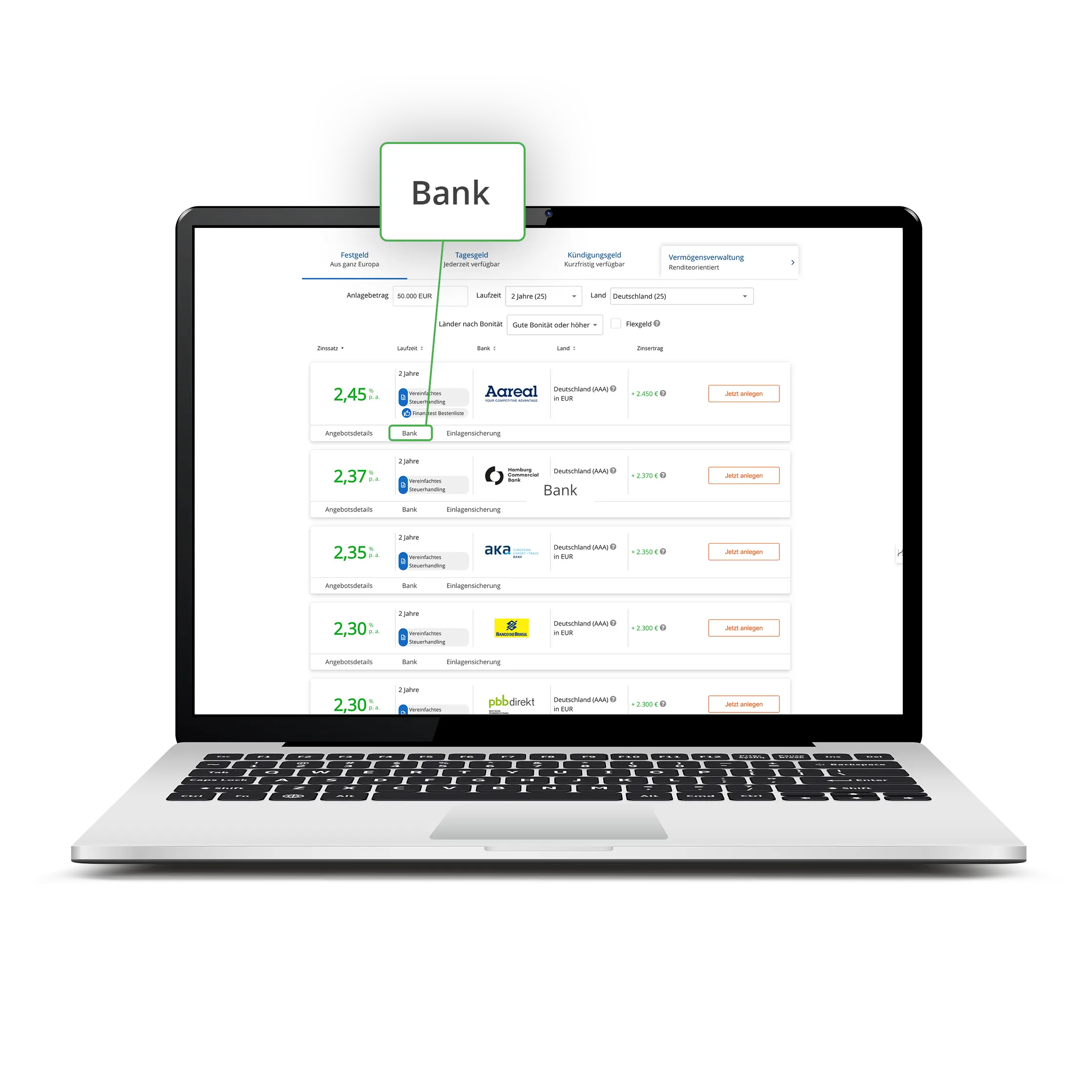 Raisin Transparenz Angebotstabelle 2 Screenshot mit der Angebotstabelle von Raisin mit der Hervorhebung des Wortes „Bank"