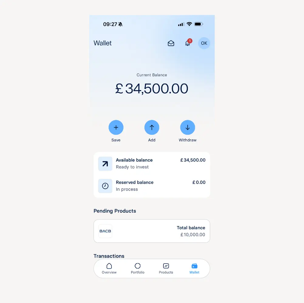 raisin-uk-app-wallet-tab.png A screenshot showing the Wallet tab in the redesigned Raisin UK app