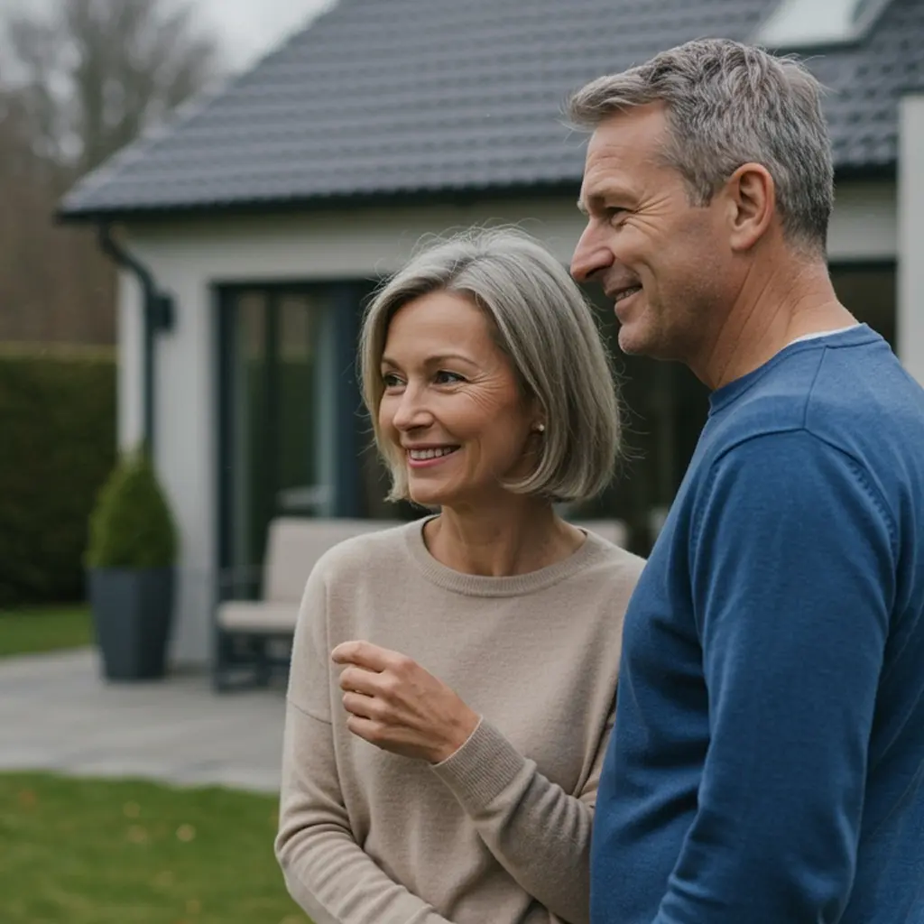 Ein Pärchen steht vor dem Haus.