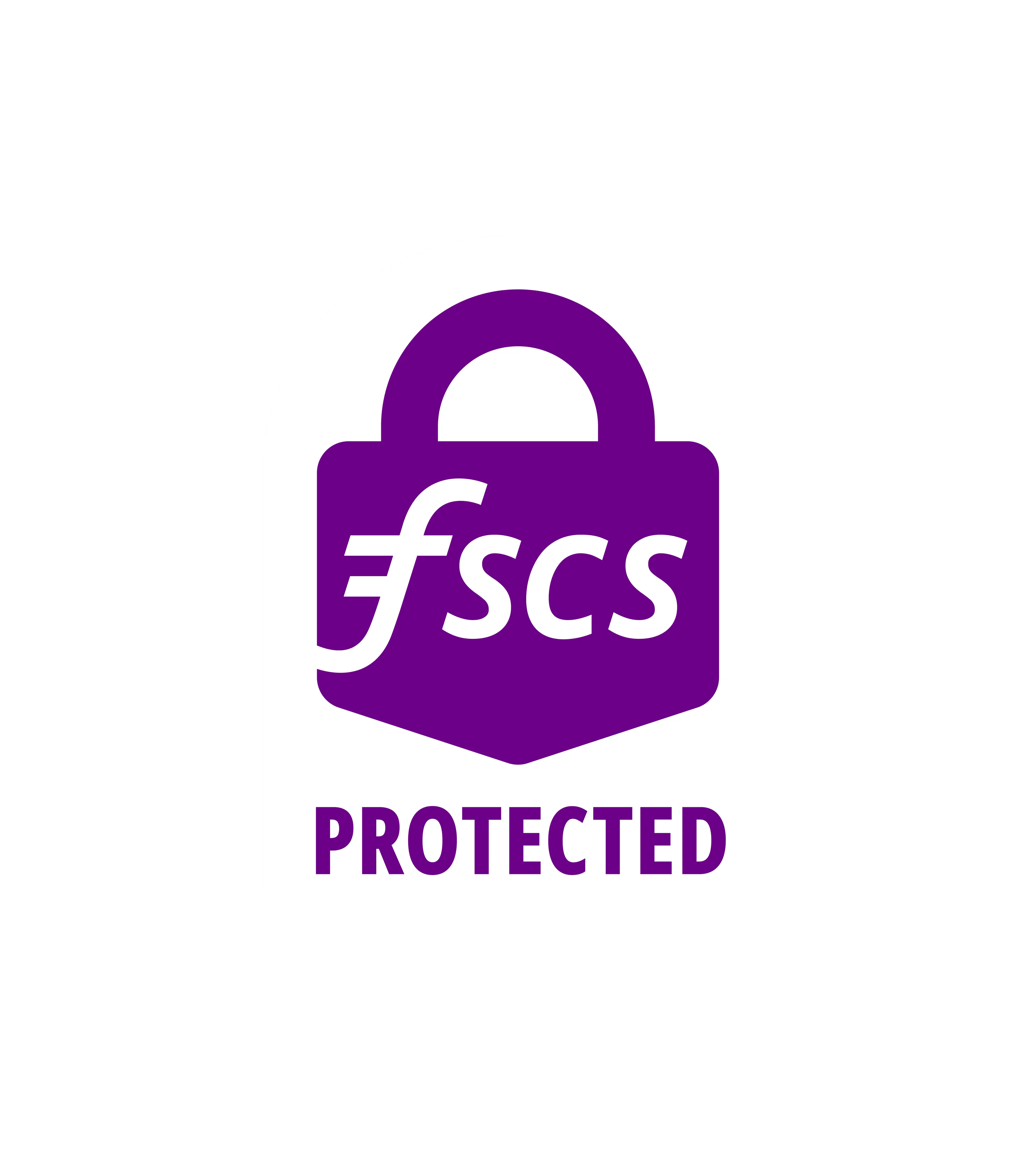 Vertical white FSCS Protected badge with a purple padlock icon and the word PROTECTED.