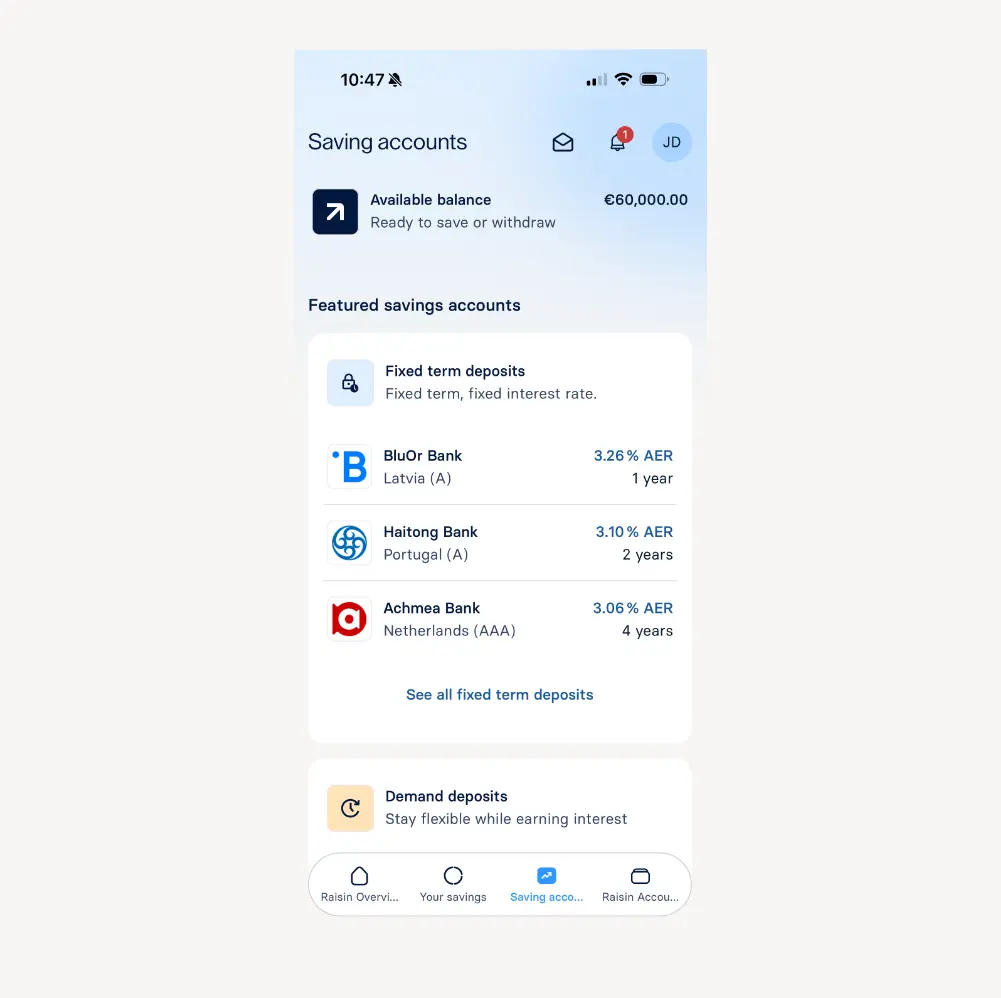 Raisin IE-App Accounts Raisin app screen showing a €60,000 available balance and featured fixed term deposits from BluOr Bank, Haitong Bank, and Achmea Bank.