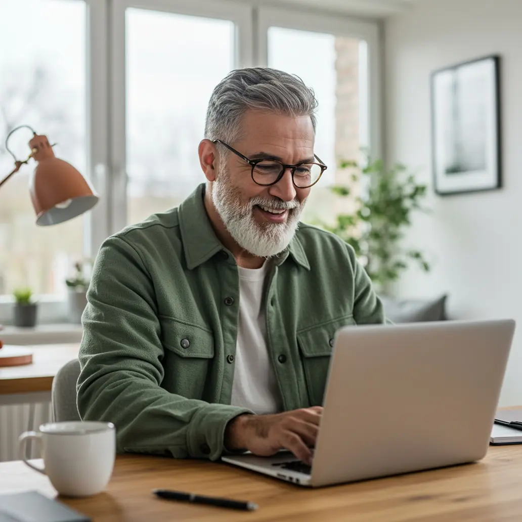 Hombre maduro sonríe trabajando con su portátil en casa.