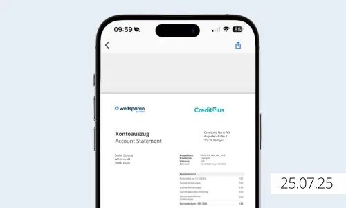 Raisin DE - Kontoauszug mobile App.png Mock Up: Kontoauszug ist auf einem Telefon sichtbar
