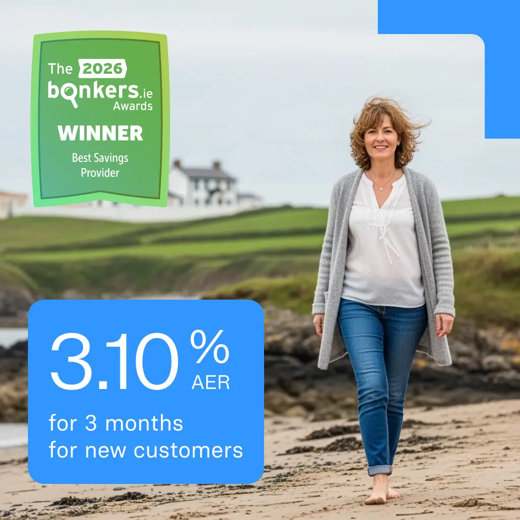 Woman walks barefoot on a beach near a lighthouse; text overlay promotes 3.10% AER for 3 months for new customers.