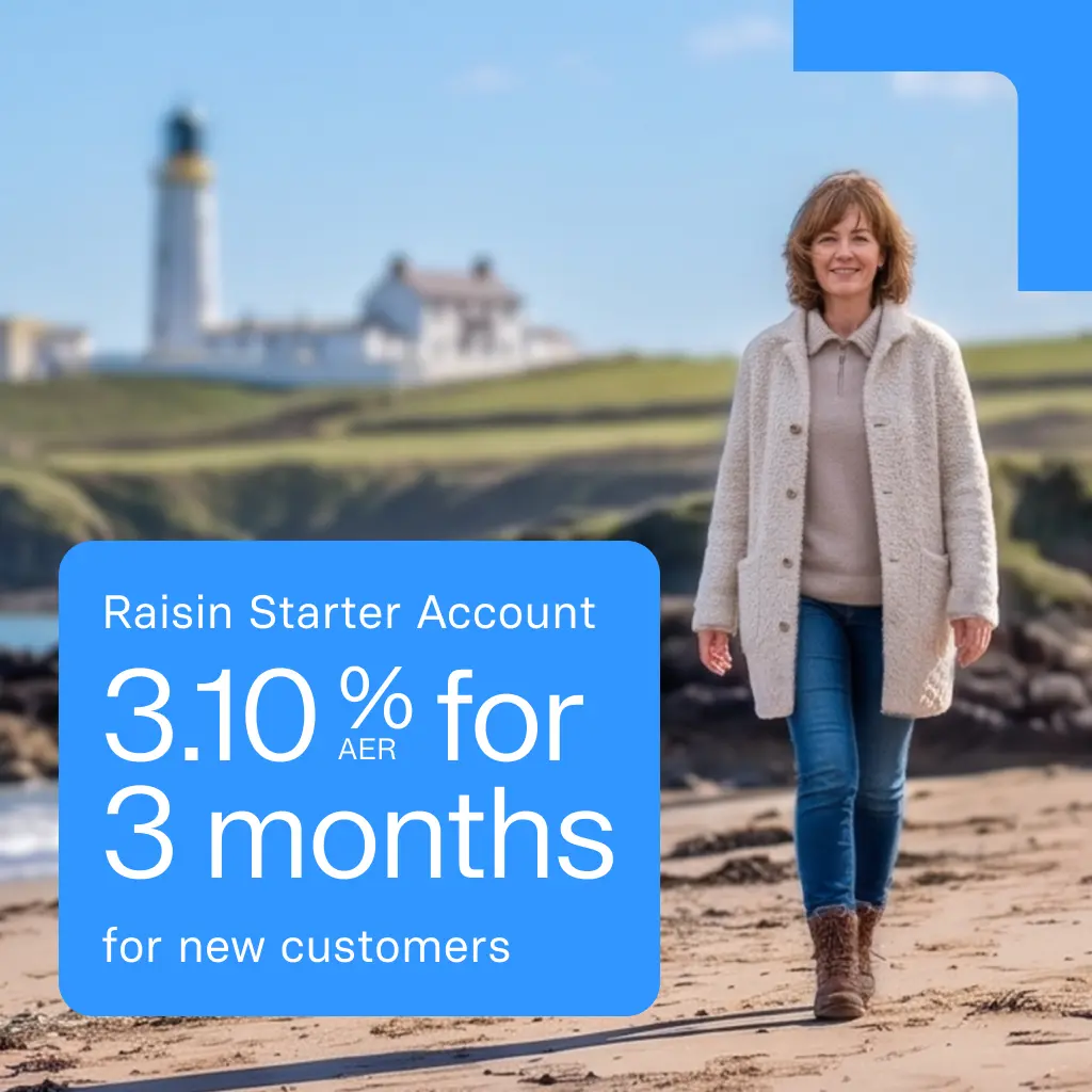 Woman walks barefoot on a beach near a lighthouse; text overlay promotes 3.10% AER for 3 months for new customers.
