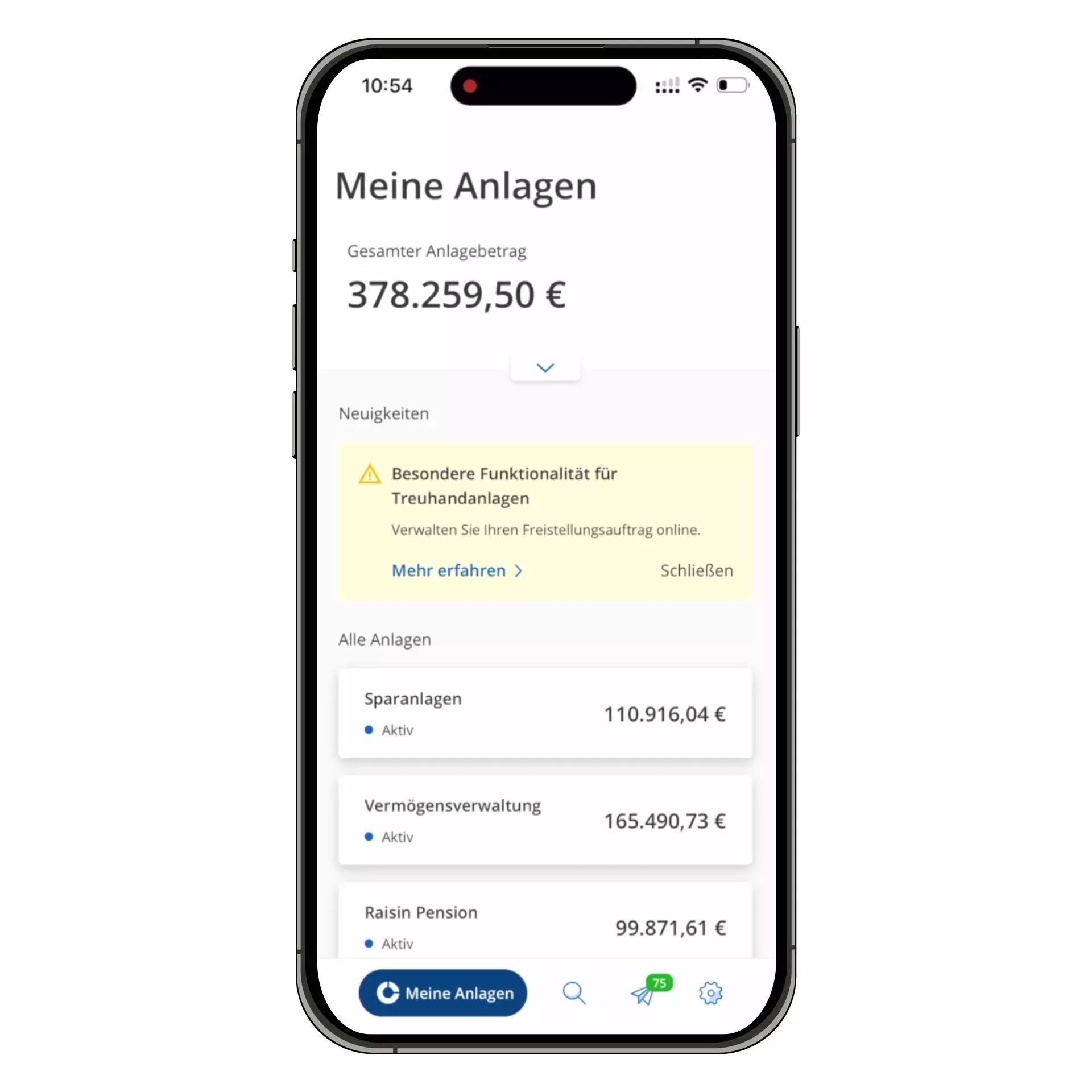 Animation der WeltSparen-App, der das Dashboard mit Kontostand und Anlageübersicht zeigt.