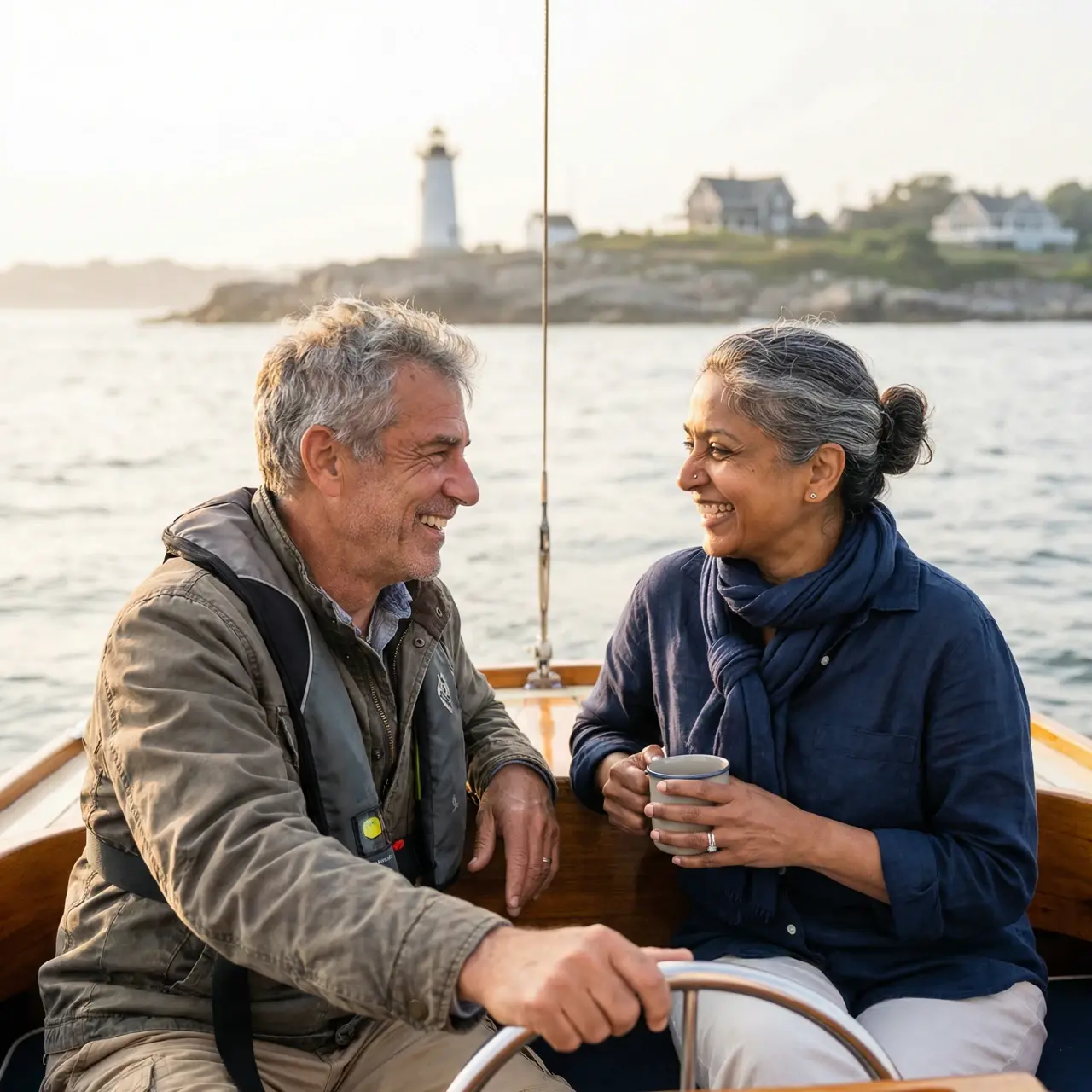 About-Merrick-Bank.webp A happy couple steering a wooden boat on the water near a lighthouse at golden hour.