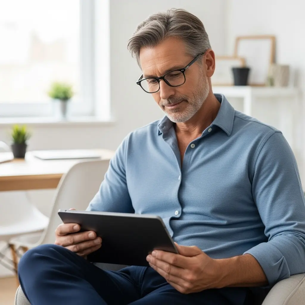 Ein Mann sitzt mit einem Tablet in der Hand.