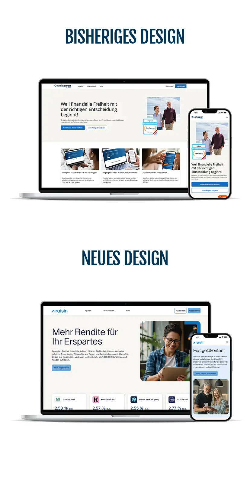 Raisin AT-Altes und neues Design mobile Laptop und Smartphone zeigen die Raisin-Website im bisherigen und neuen Design.