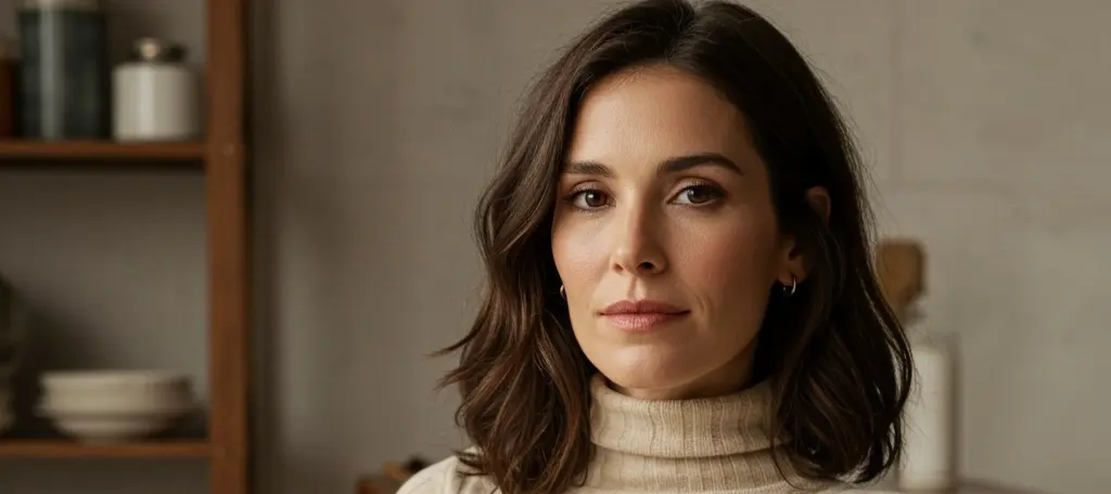 Een vrouw met halflang donkerbruin haar zit binnenshuis en kijkt rustig in de camera. Ze draagt een beige coltrui en achter haar zijn houten planken met enkele decoratieve voorwerpen zichtbaar.