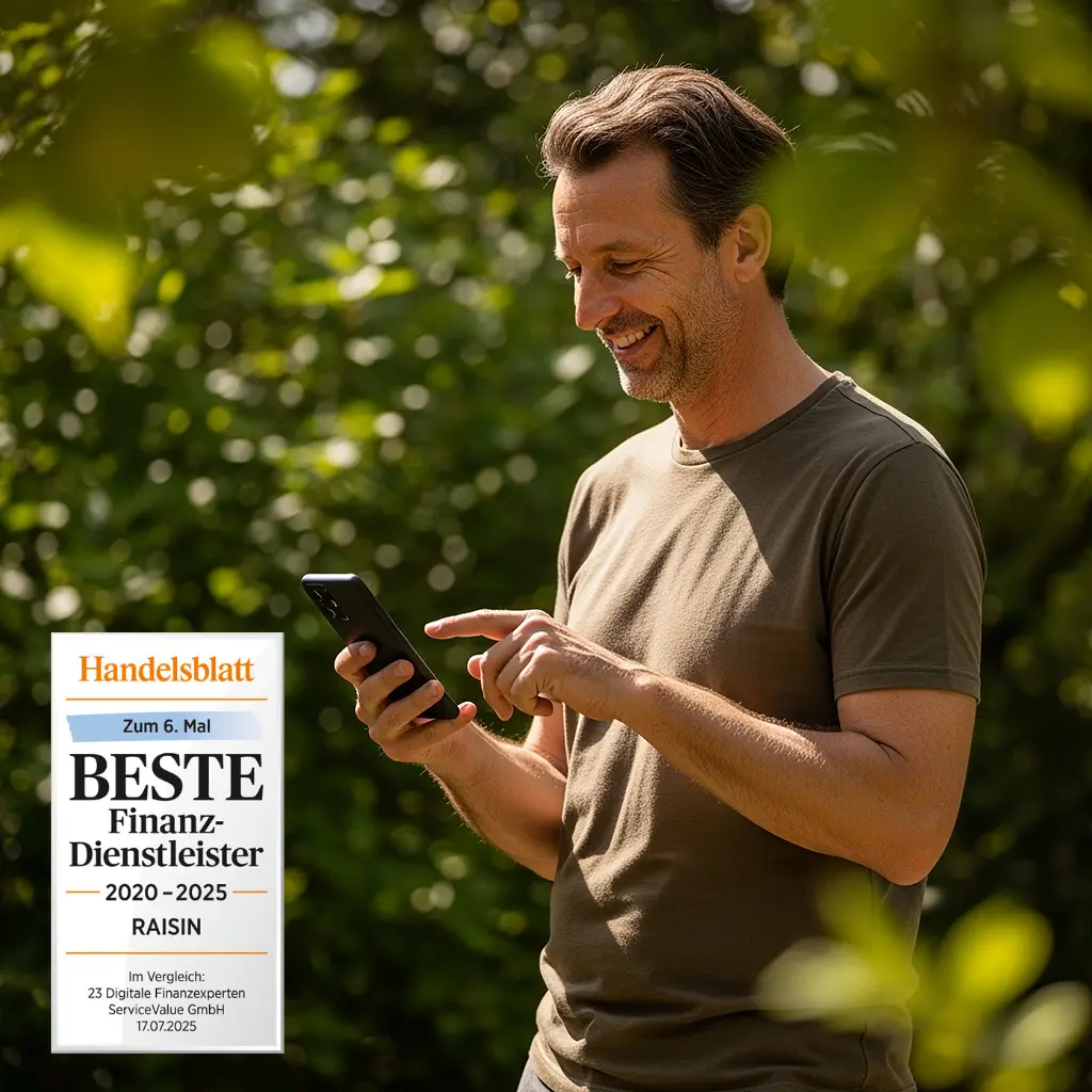 Mann mit T-Shirt und Smartphone im Wald und unten links steht 3,05 % p. a. für 3 Monate