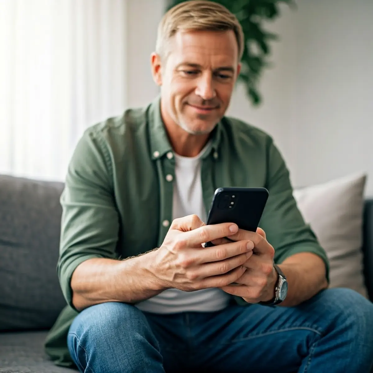 raisin_ie_register_step_3 Middle-aged man sitting on a sofa, smiling and holding a smartphone with both hands, wearing a green shirt and jeans in a bright living room.