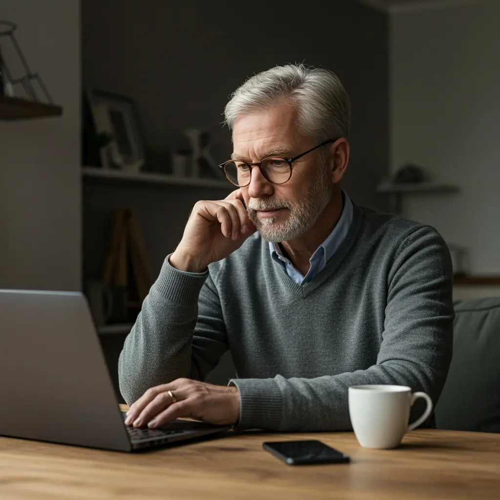 Older man with grey hair and glasses working on a laptop at a wooden table, with a smartphone and white coffee mug beside him, in a modern home setting.