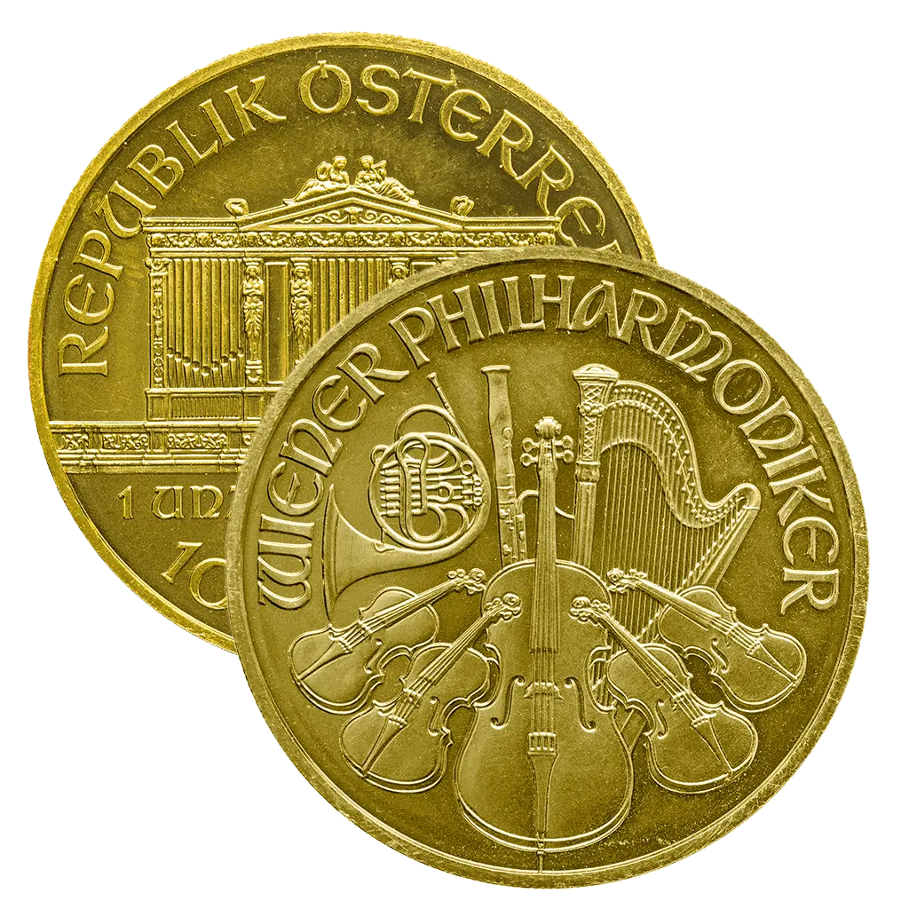 Raisin AT-Wiener Philharmoniker Münze Vorder- und Rückseite der Wiener Philharmoniker Münze in Gold.