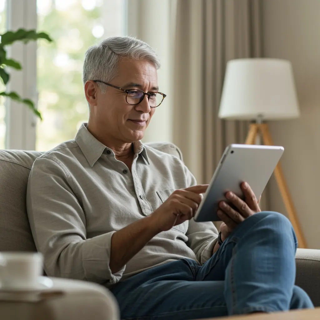 raisin_uk_hero_man_with_tablet.png An older man sitting in a chair, using a tablet, with a lamp in the background