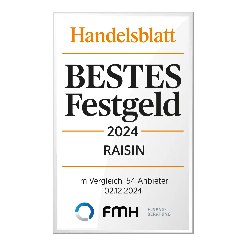 Quadratische Werbegrafik des Handelsblatts mit dem Titel 'Beste Festgeld-Angebote', einem Logo und einem Button.