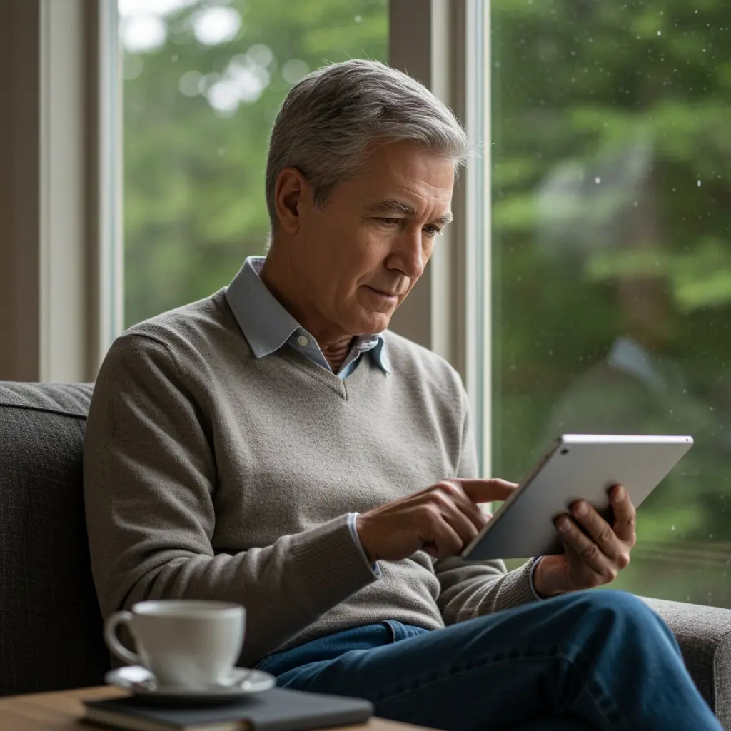 Older man sitting by a window, using a tablet with focused expression, a coffee cup and notebook on the table in front of him.