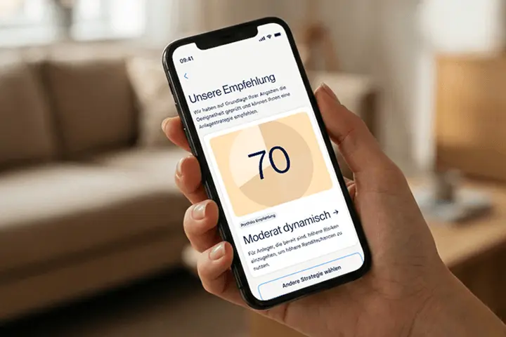 Raisin DE- Smartphone zeigt Anlageempfehlung mit Anlagestrategie 70 für das Kinderdepot