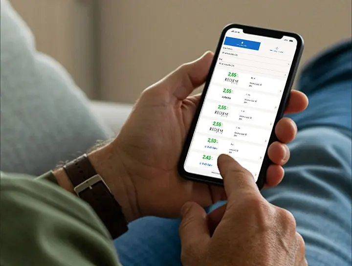 Una mano sujeta un móvil que tiene productos de Raisin en la pantalla.