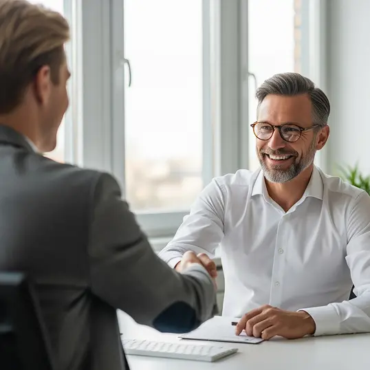 Two professionally dressed men shake hands across a desk in a bright office, smiling and engaging in a friendly conversation, suggesting a successful business meeting or interview.