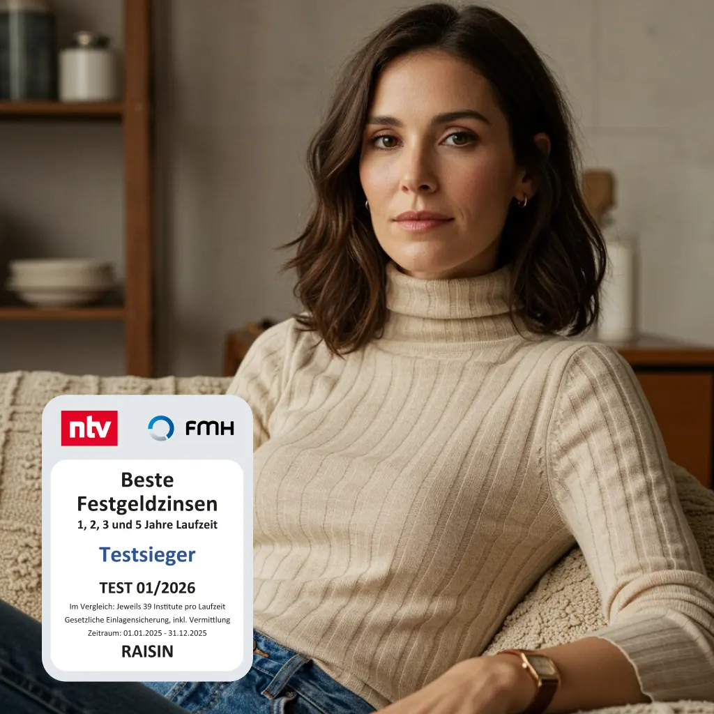 Quadratische Werbegrafik des Handelsblatts mit dem Titel 'Beste Festgeld-Angebote', einem Logo und einem Button.