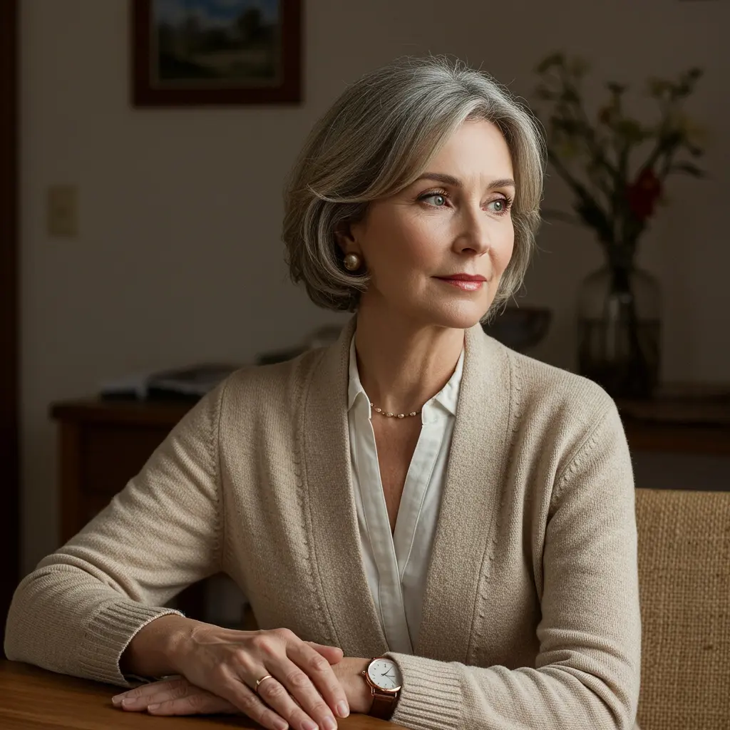 Eine ältere Frau sitzt in einem ruhigen, wohnlichen Raum an einem Tisch. Sie trägt eine helle Strickjacke über einer weißen Bluse, dazu Perlenohrringe und eine Armbanduhr. Ihr Blick ist nachdenklich zur Seite gerichtet. Im Hintergrund stehen eine Vase mit Blumen und ein gerahmtes Bild an der Wand.