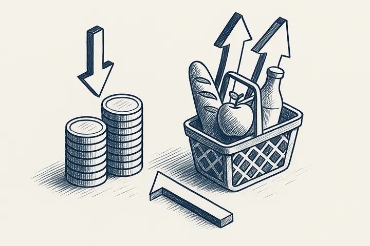 inflation.png Illustration showing falling stacks of coins and a rising grocery basket with arrows, symbolising inflation reducing purchasing power.