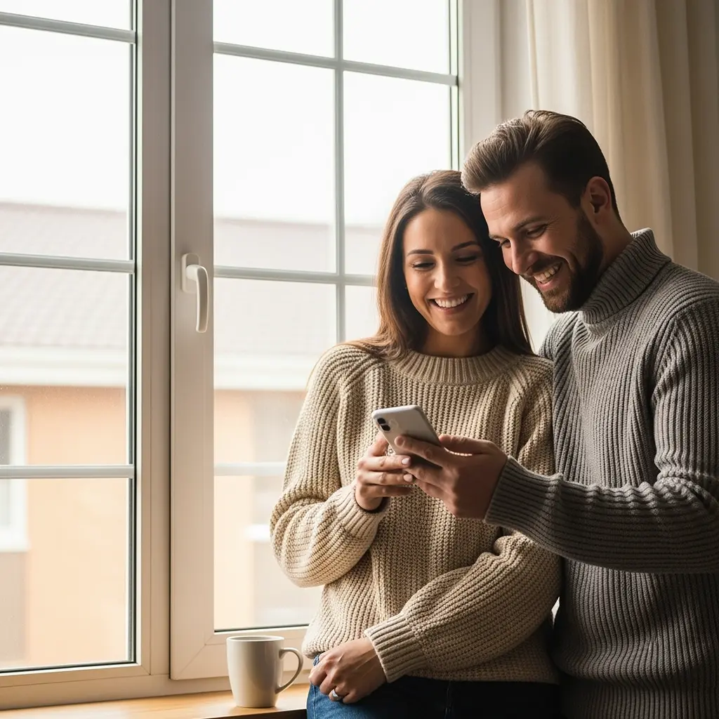 Iloinen nainen ja mies yhdessä puhelimella
