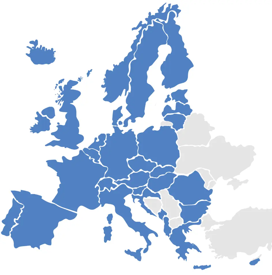 Raisin UK- SEPA countries chart A map showing the 41 countries in the Single Euro Payments Area (SEPA)