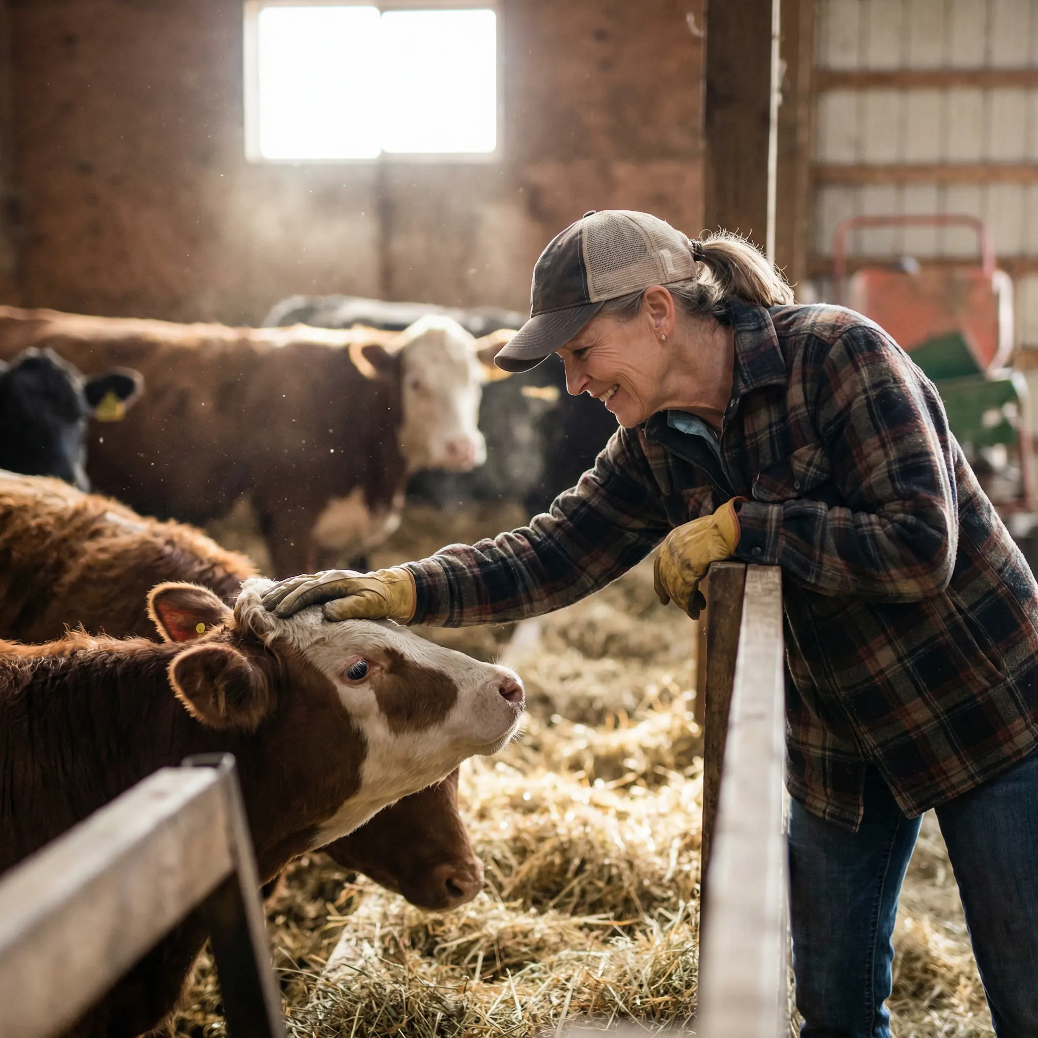 About-The-State-Exchange-Bank.png A woman in a flannel shirt and baseball cap gently petting a brown and white cow in a barn setting with golden sunlight.