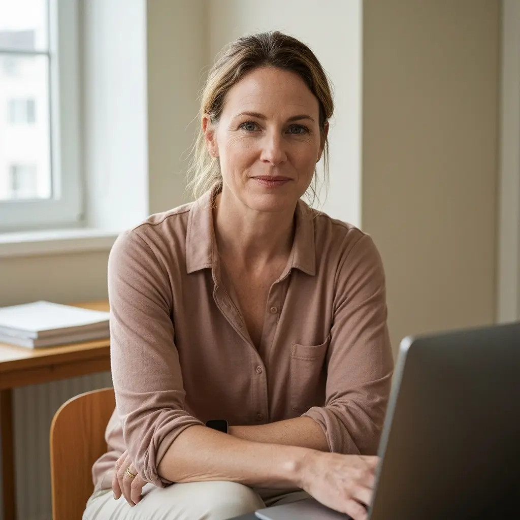 Aavistuksen hymyilevä nainen tietokoneella