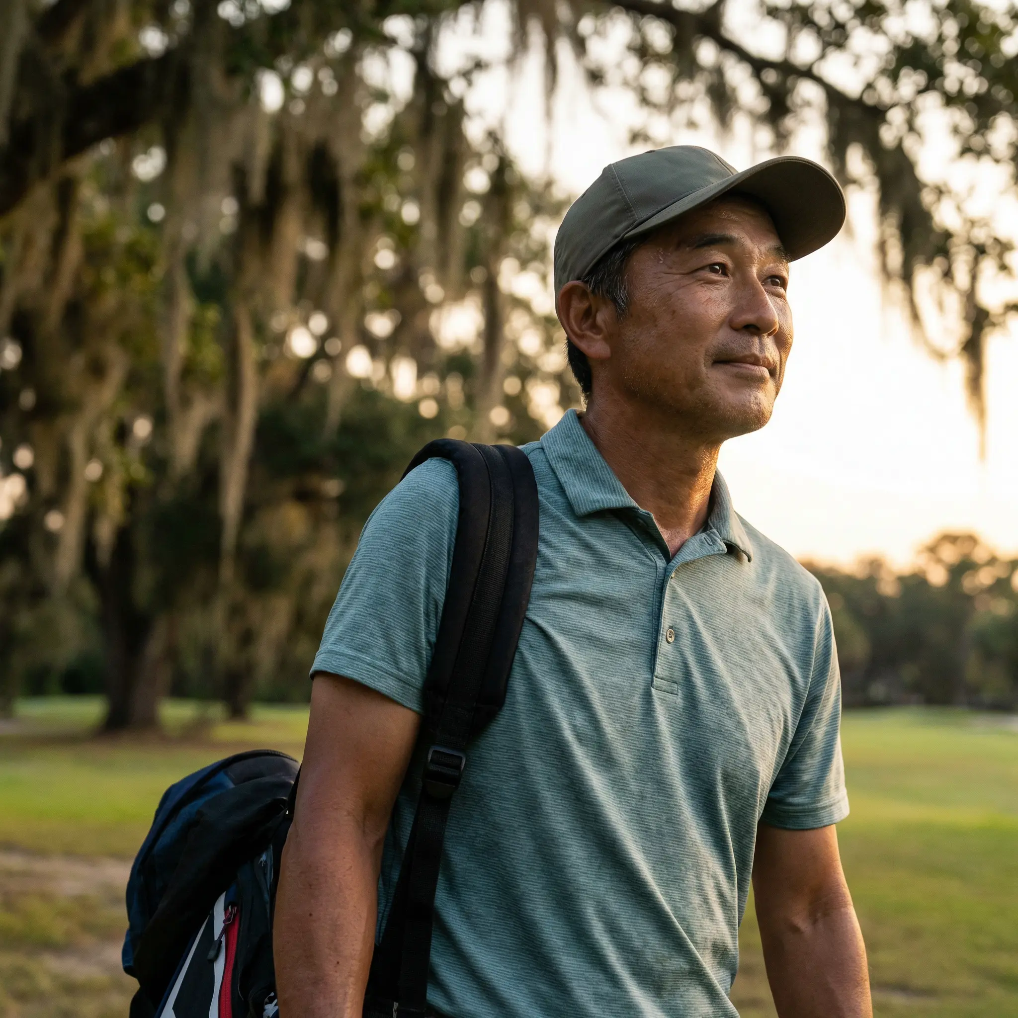 About-Live-Oak-Bank.png Man walking outside on golf course with a golf bag