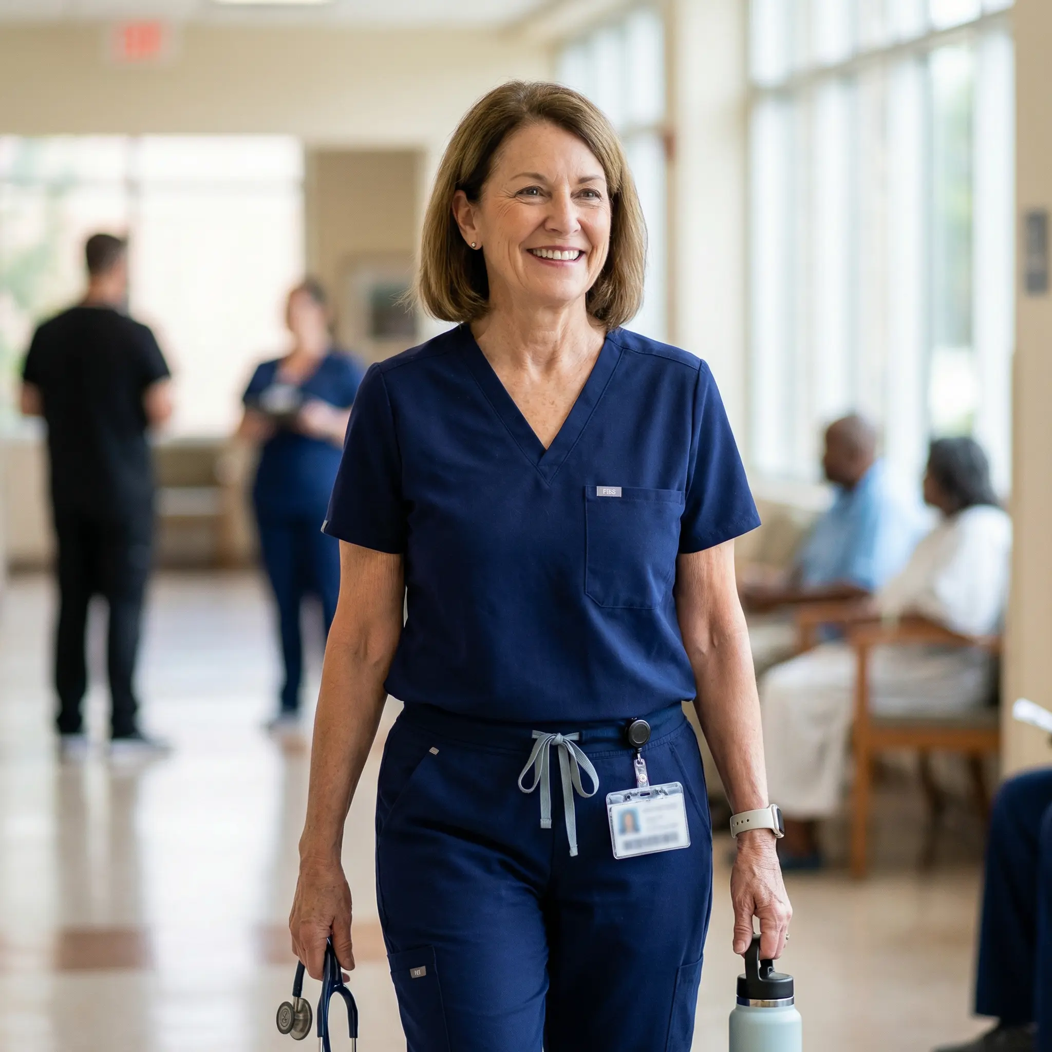About-Cendera-Bank.png A friendly female healthcare professional in blue scrubs walking confidently through a bright hospital corridor.
