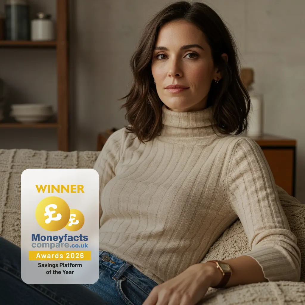 A woman in a cream jumper sitting on a sofa, looking directly at the camera