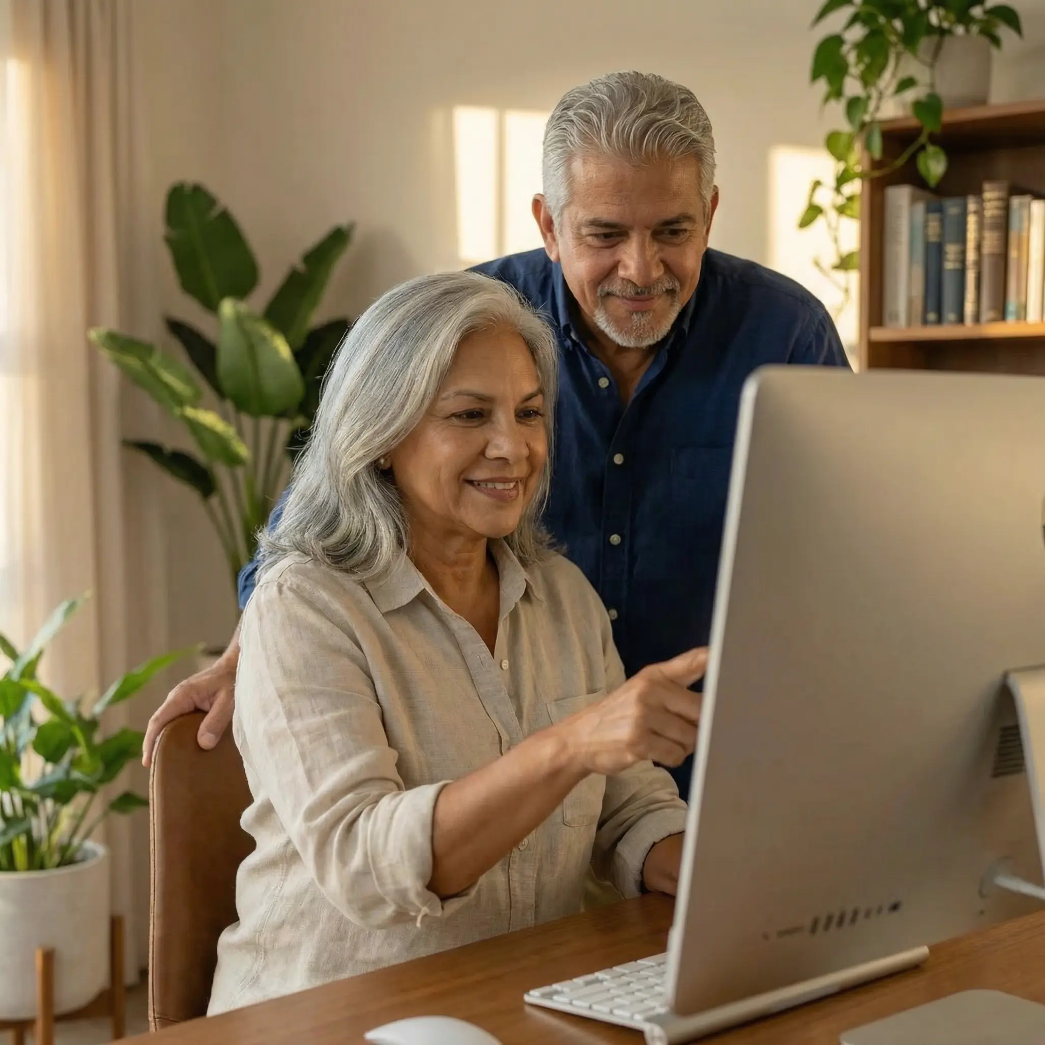 US - Why Smart Savers Choose Raisin.png Woman sitting at desktop pointing at something on screen to show man standing beside her