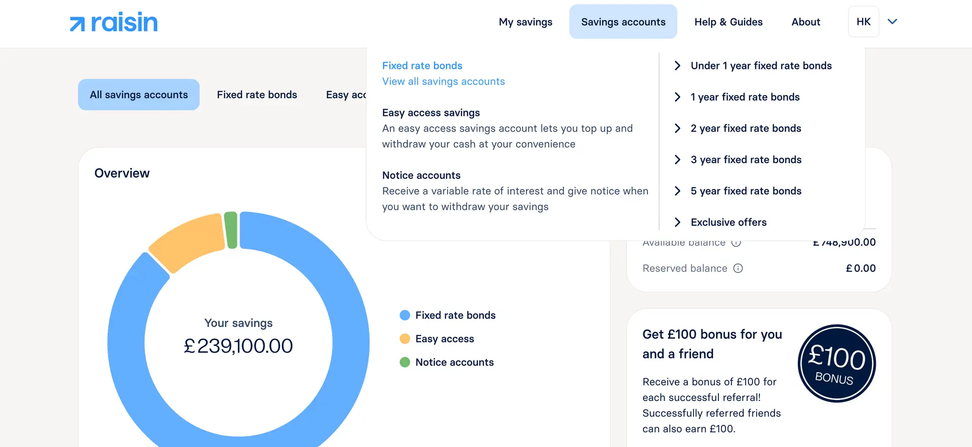 raisin_uk_main_nav_fixed.png Screenshot of the Raisin UK dashboard with 'Savings Accounts' highlighted