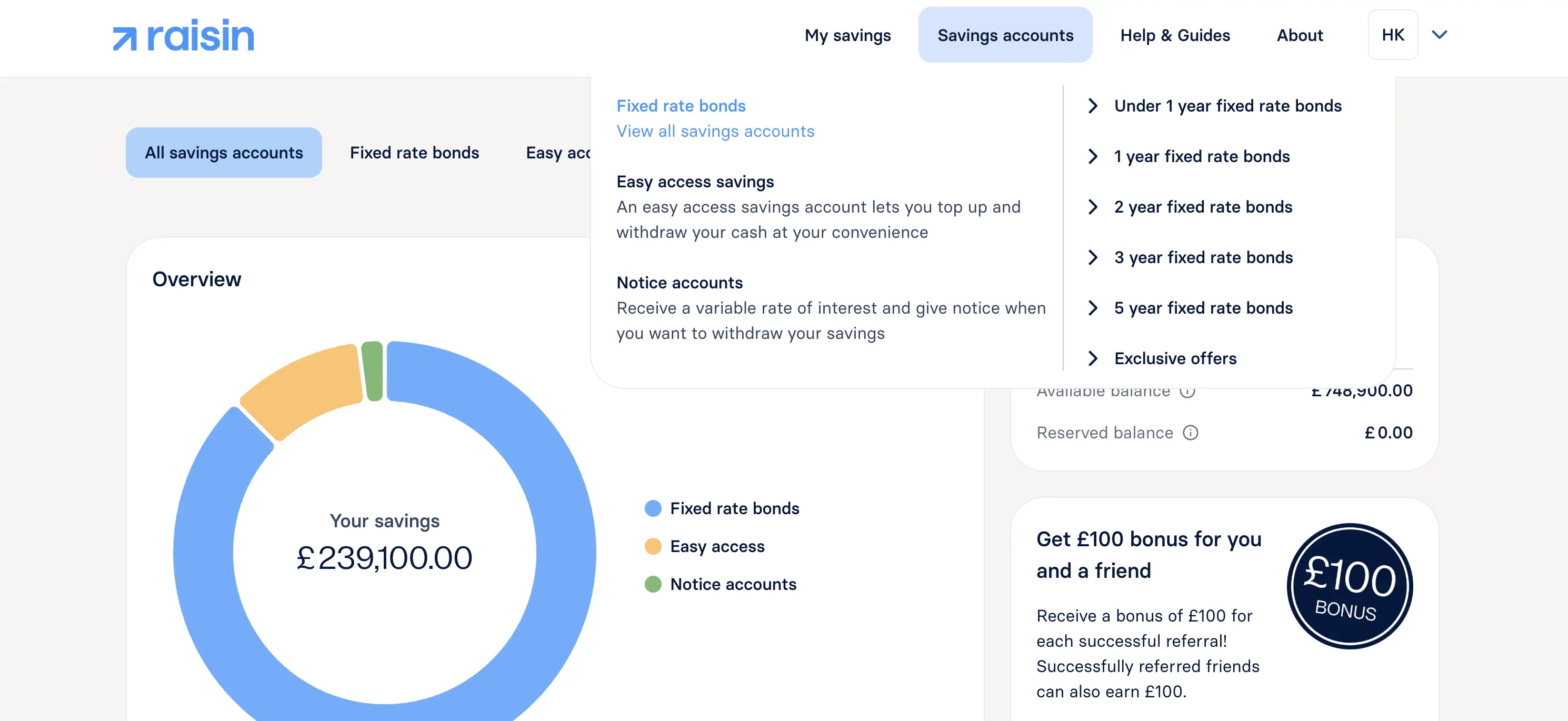 raisin_uk_main_nav_fixed.png Screenshot of the Raisin UK dashboard with 'Savings Accounts' highlighted