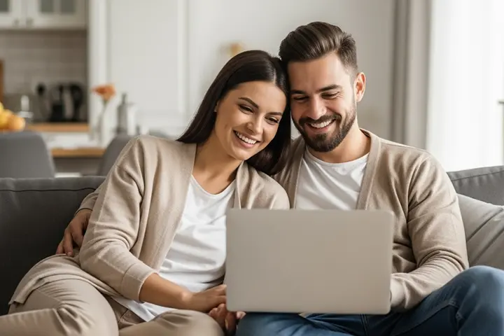 Smiling couple sitting on a sofa at home, looking at a laptop together.