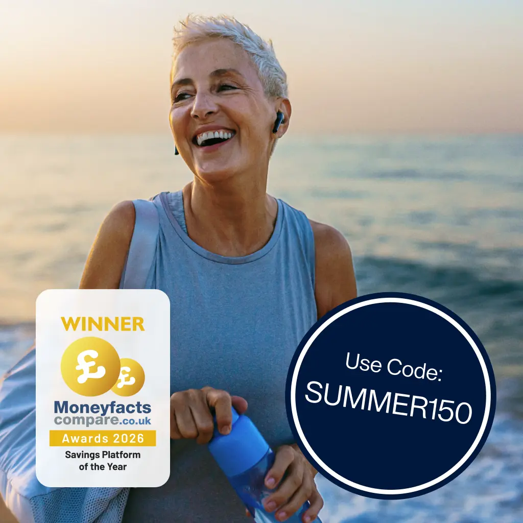Smiling woman with earbuds at the beach. Includes Moneyfacts 2026 Savings Platform of the Year award badge and promo code SUMMER150.