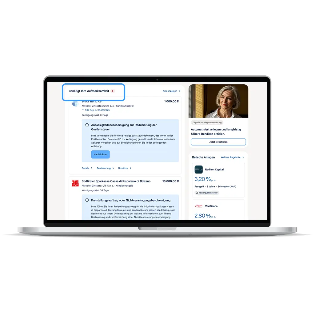 Raisin AT-Benötigt Ihre Aufmerksamkeit Neuer Bereich im Dashboard mit dem Titel „Benötigt Ihre Aufmerksamkeit."