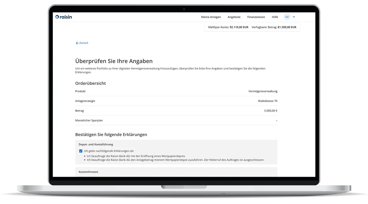 Raisin DE-Digitale Vermögensverwaltung Angaben üeberprüfen Ein Laptop zeigt die Überprüfung der Angaben der digitalen Vermögensverwaltung.