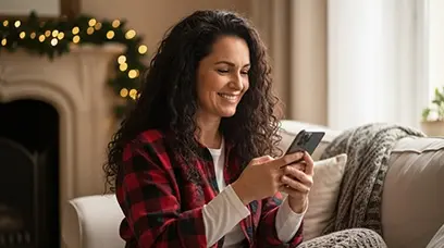 Eine Frau sitzt lächelnd auf einem Sofa und hält ein Smartphone in der Hand. Im Hintergrund sorgen weihnachtliche Lichter und Dekoration für eine warme, winterliche Atmosphäre.