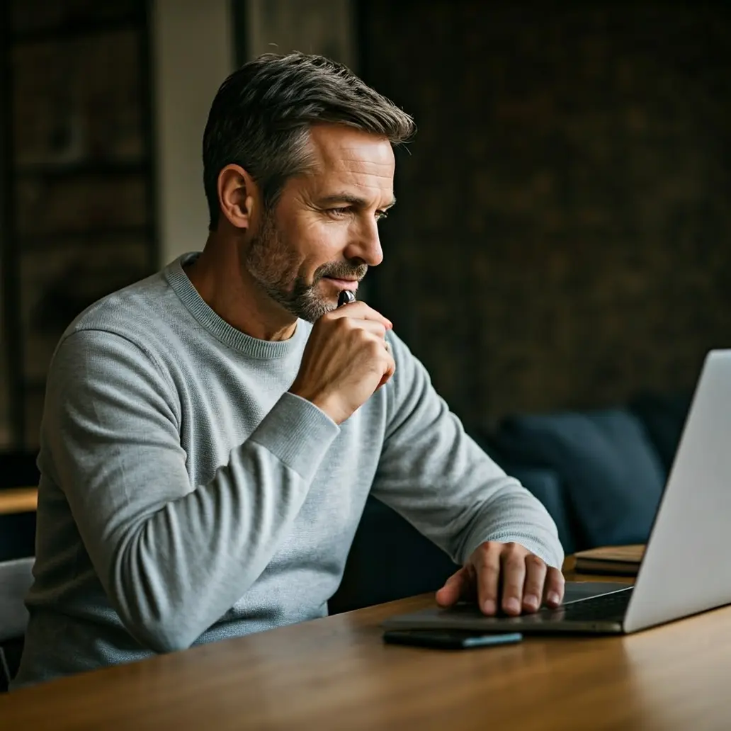 Hombre adulto sentado con expresión atenta, utilizando un portátil sobre escritorio en ambiente interior.