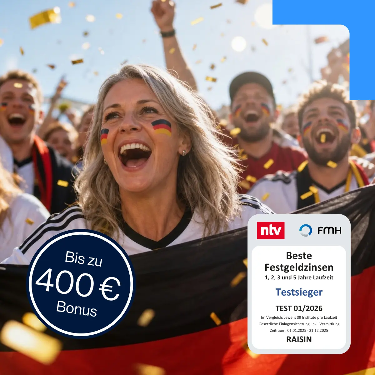 Jubelnde Fußballfans mit Deutschland-Fahne, einem ‚Bis zu 400 € Bonus‘-Button und dem ntv-Testsiegel für beste Festgeldzinsen 01/2026.