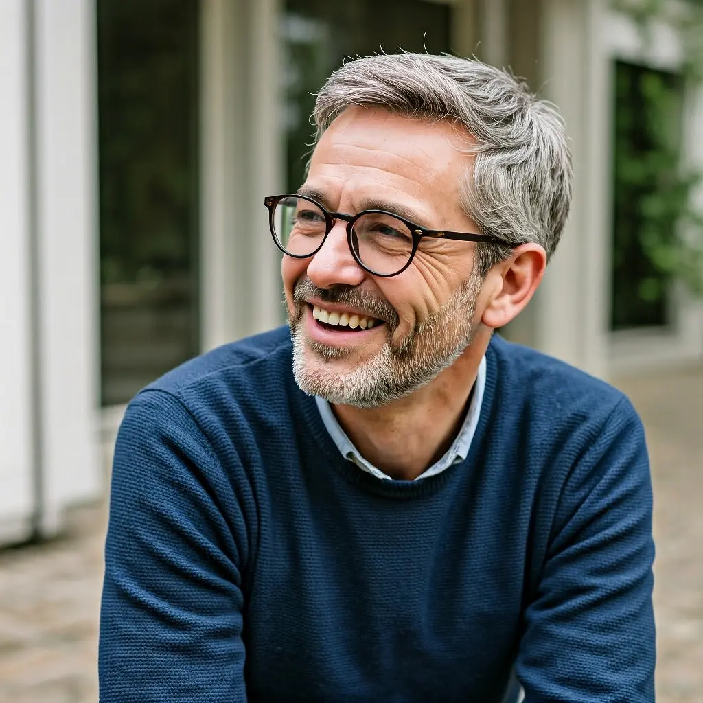 A middle-aged man with grey hair, wearing a blue jumper and glasses, smiling into the distance