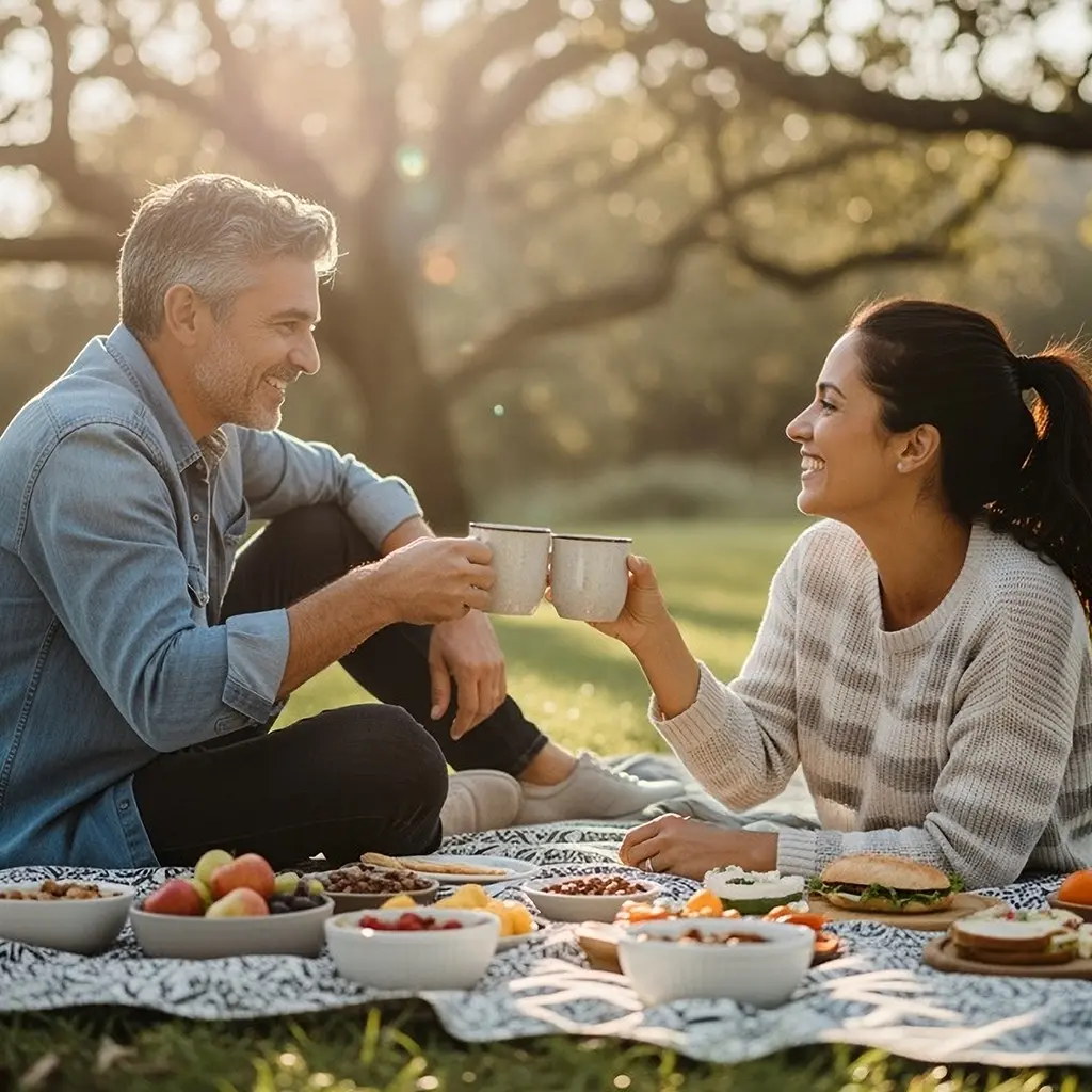 Een sfeervolle buitenopname van een lachend koppel dat geniet van een uitgebreide picknick in een park tijdens het gouden uur.
