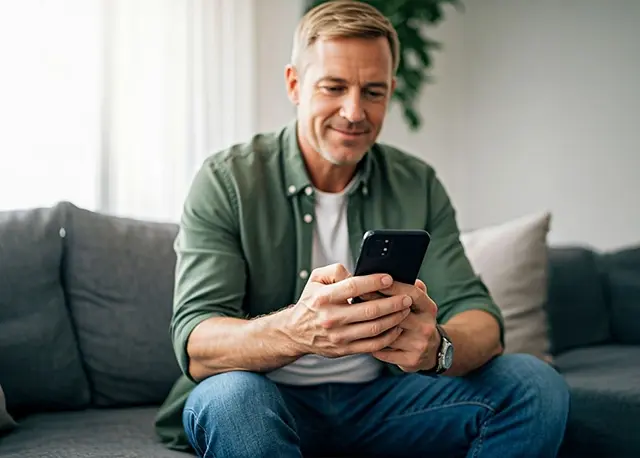 Mężczyzna w zielonej koszuli trzyma smartfon w dłoniach