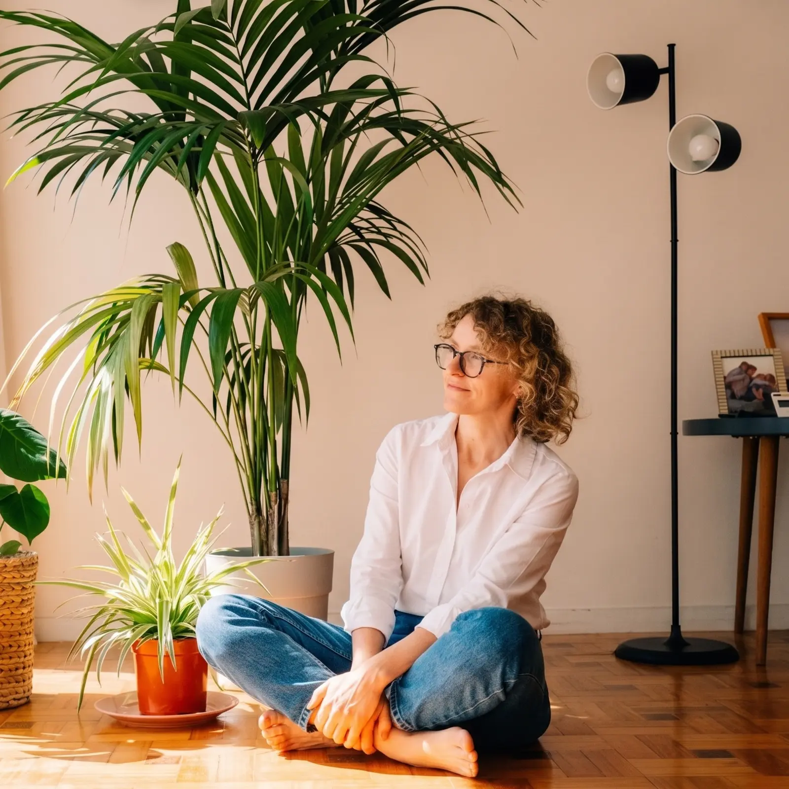 raisin_de_frau_wohnzimmer_pflanzen.png Eine Frau mit Brille sitzt barfuß im Schneidersitz auf dem Holzboden neben großen Zimmerpflanzen.