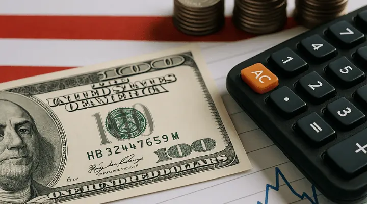 Calculadora negra y billete de cien dólares con varias monedas al fondo.