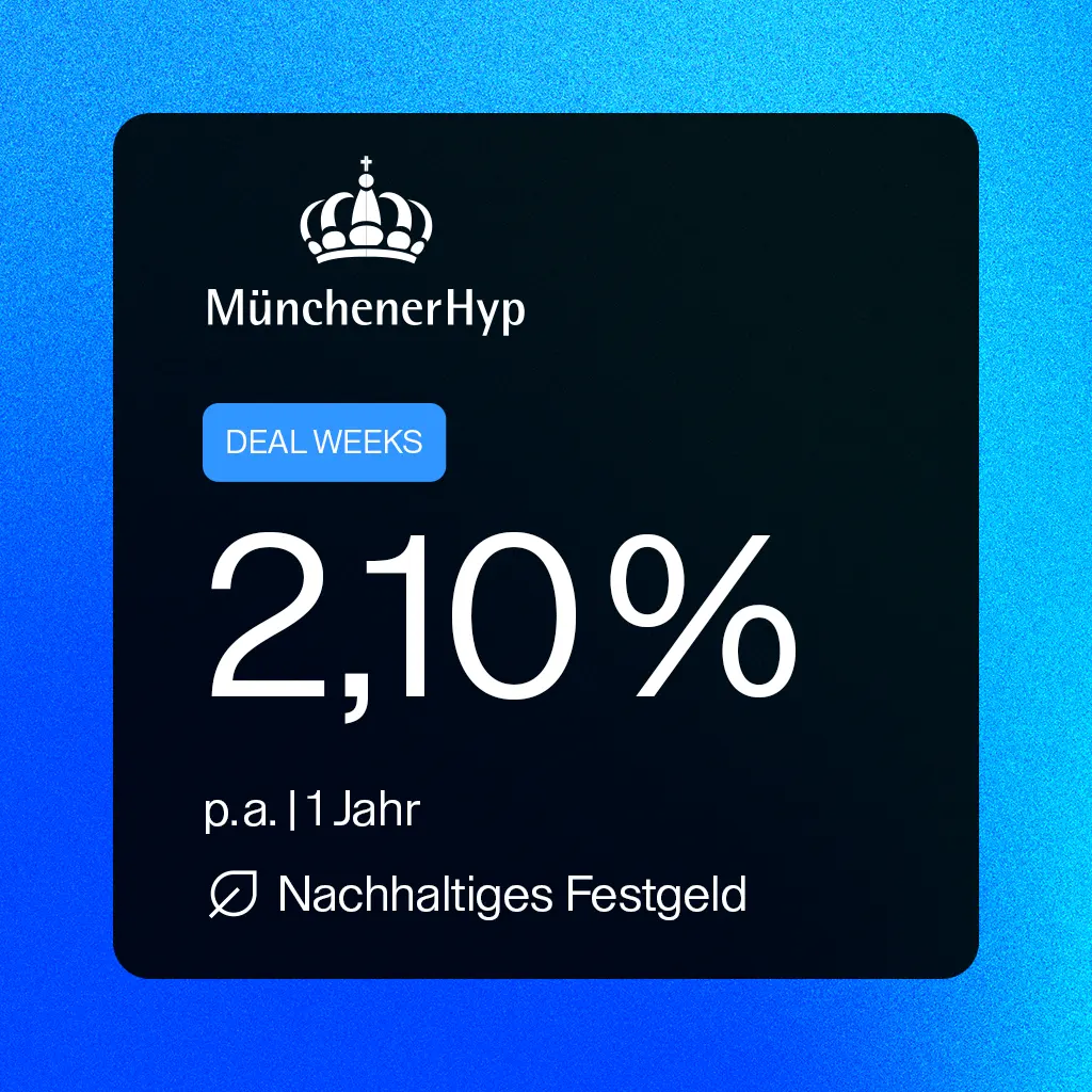 Logo von der Münchener Hypothekenbank mit einem nachhaltigen Festgeldangebot von 2,10 % per annum bei einer Laufzeit von 1 Jahr.